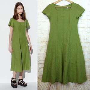 Uniqlo Dress Women XS Green Linen Blend Square Neck Short Sleeves Pockets Midi
